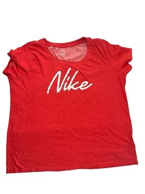 Nike Women's Red-Orange Dry fit Script Logo T-Shirt X-large